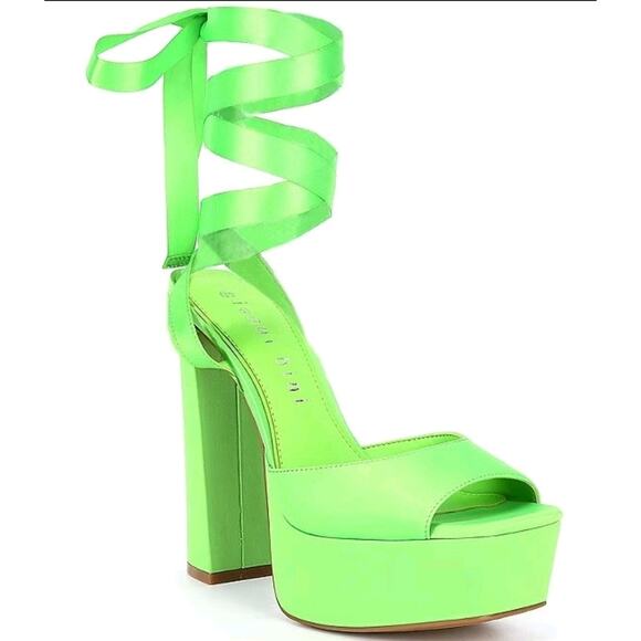 Gianni Bini Green Matte Satin Wrap-Up Platform Heels Size 8.5 M Party Formal - Picture 1 of 4